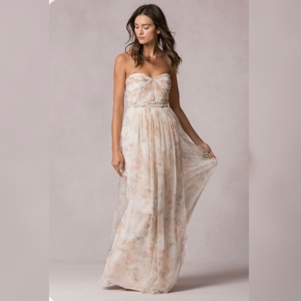 Jenny Yoo Nyla Watercolor Strapless Sweetheart Floral Chiffon Maxi Gown